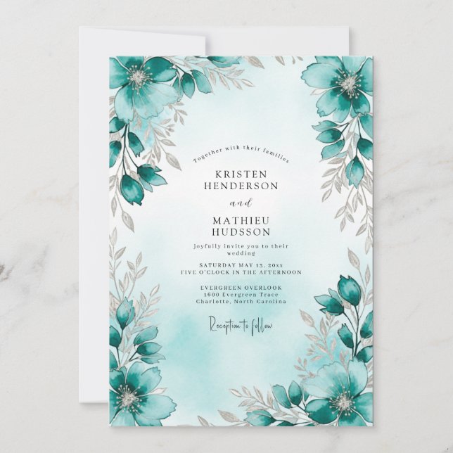 Teal Silver Botanical Winter Wedding Inbjudningar (Framsida)