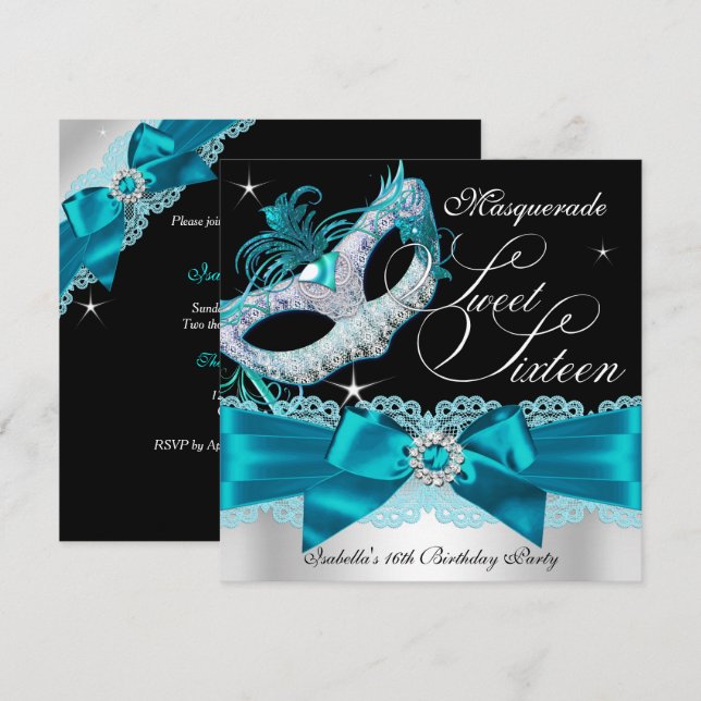 Teal Silver Bow Masquerade Sweet Sixteen Inbjudan (Fram/baksida)