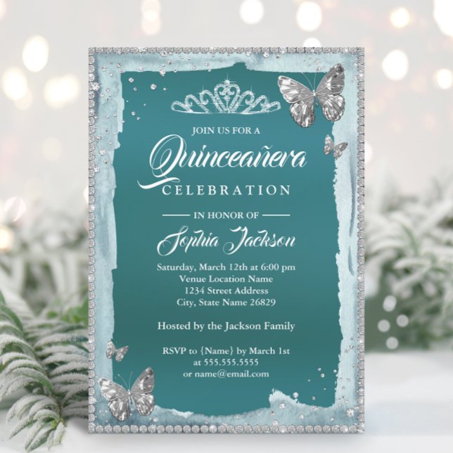 Teal Silver Diamant Fjäril Glitter Quinceanera Inbjudningar (Skapare uppladdad)