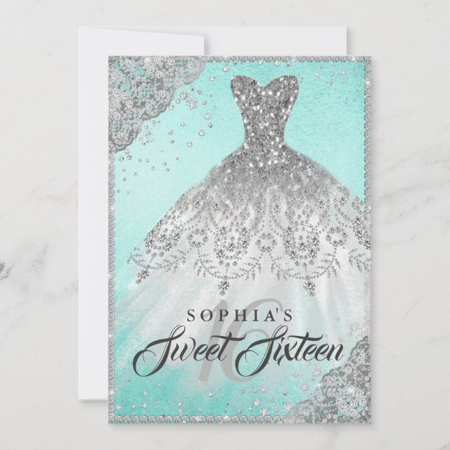 Teal Silver Diamond Gnistra Gown Sweet sixteen Inbjudningar (Framsida)