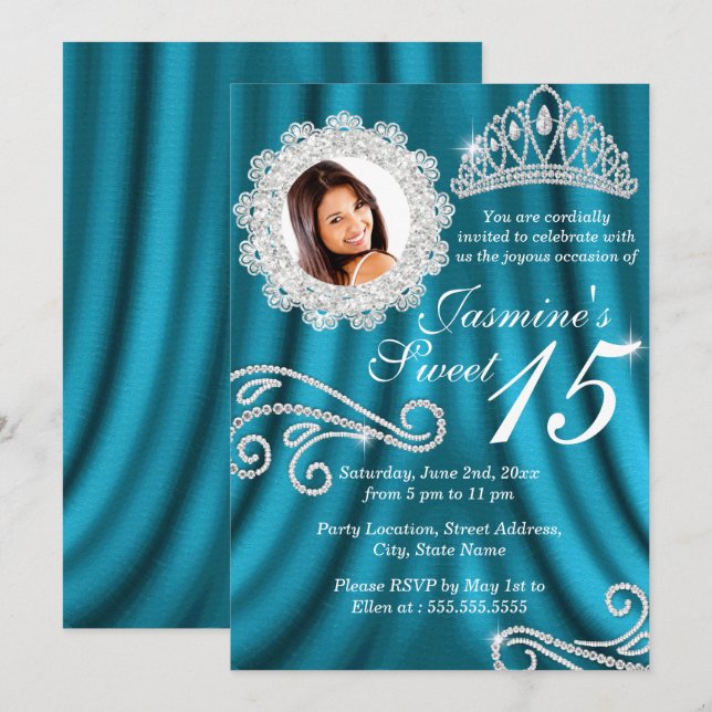 Teal Silver Diamond Tiara Photo Quinceanera Inbjudningar (Fram/baksida)