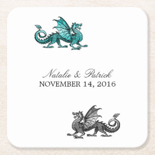 Teal Silver Dragon Bröllop Pappra Underlägg Papper Kvadrat