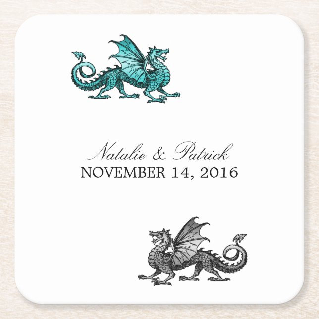 Teal Silver Dragon Bröllop Pappra Underlägg Papper Kvadrat (Framsidan)