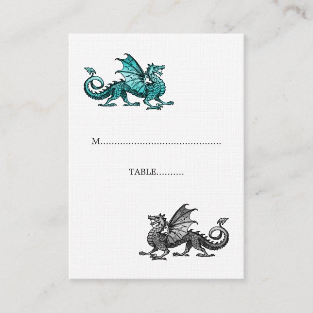 Teal Silver Dragon Bröllop Place Card Placeringskort (Framsida)