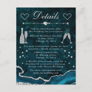 Teal & Silver Fals Glitter Agat Bröllopsdetaljer Tilläggskort