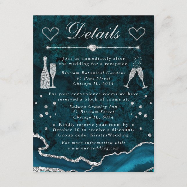 Teal & Silver Fals Glitter Agat Bröllopsdetaljer Tilläggskort (Framsida)