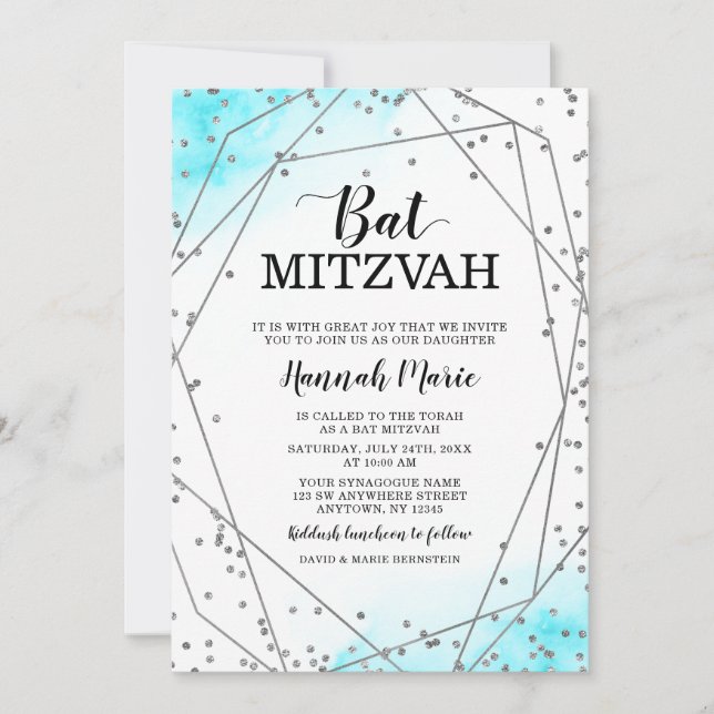 Teal Silver Faux Glitter Geometric Bat mitzvah Inbjudningar (Framsida)