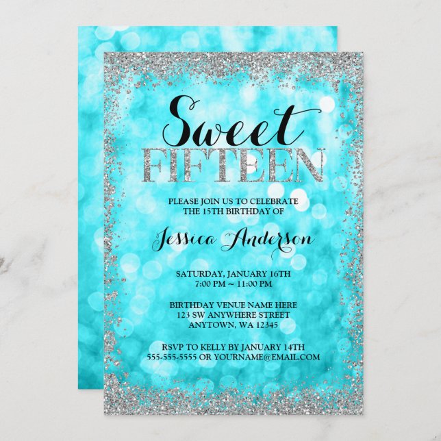 Teal Silver Faux Glitter Ljus 15:e Quinceanera Inbjudningar (Fram/baksida)