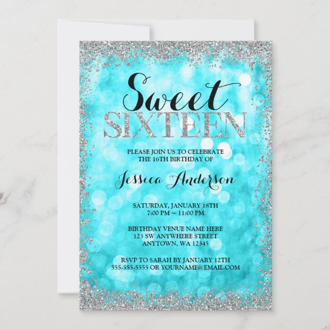 Teal Silver Faux Glitter Ljus Sweet 16 Birthday Inbjudningar (Framsida)