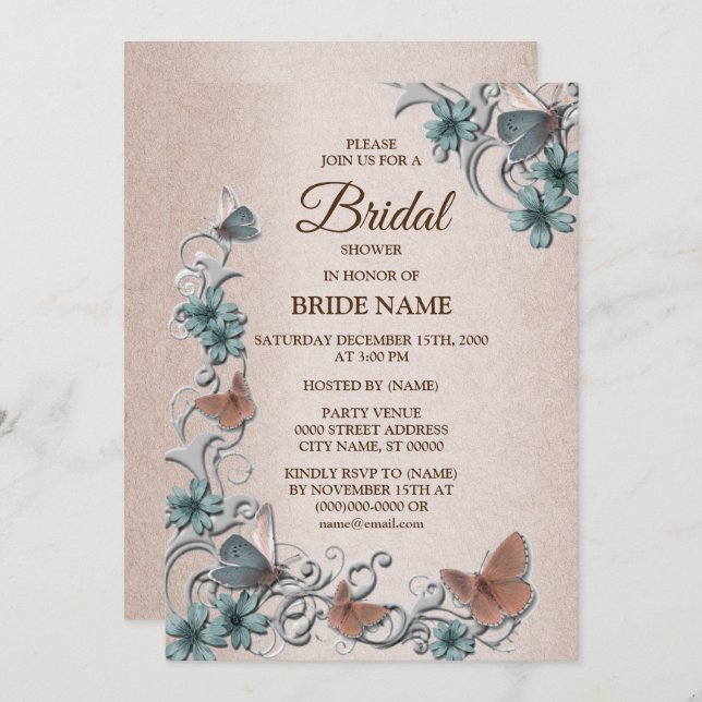 Teal Silver Floral Butterfly Tan Bridal Shower Inbjudningar (Fram/baksida)