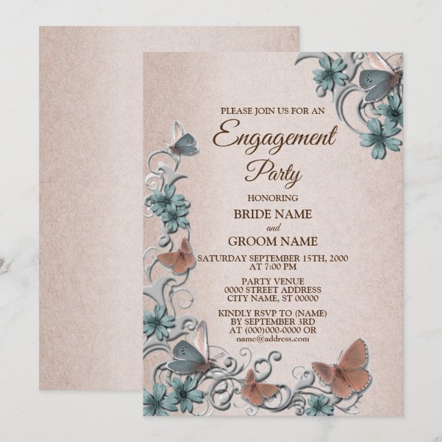 Teal Silver Floral Butterfly Tan Engagement party Inbjudningar (Fram/baksida)