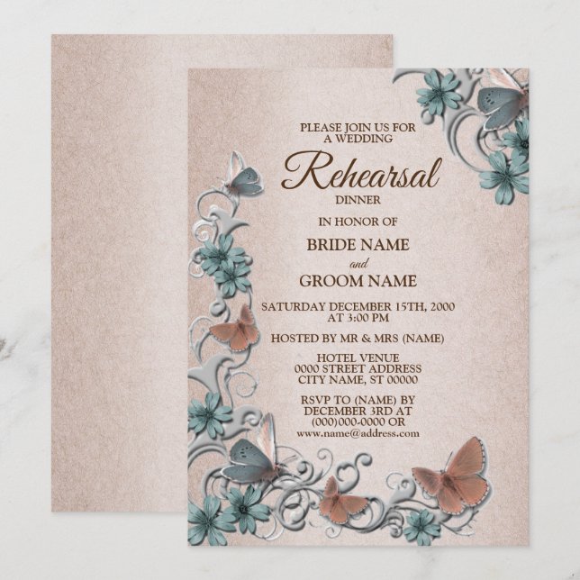 Teal Silver Floral Butterfly Tan Rehearsal Dinner Inbjudningar (Fram/baksida)