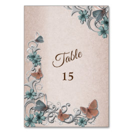 Teal Silver Floral Copper Butterfly Tan Wedding Bordsnummer