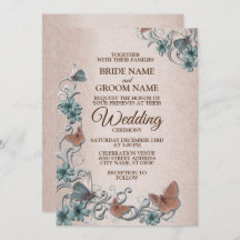Teal Silver Floral Copper Butterfly Tan Wedding