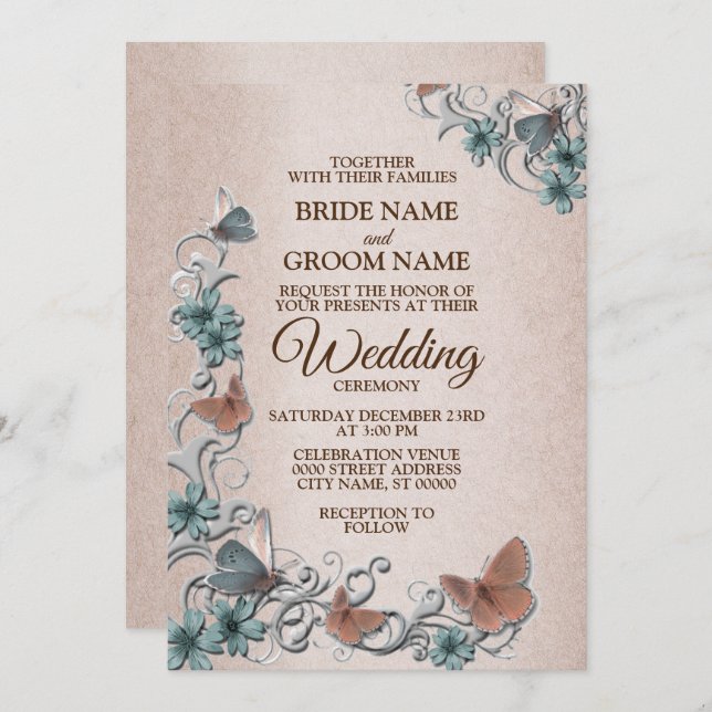 Teal Silver Floral Copper Butterfly Tan Wedding Inbjudningar (Fram/baksida)