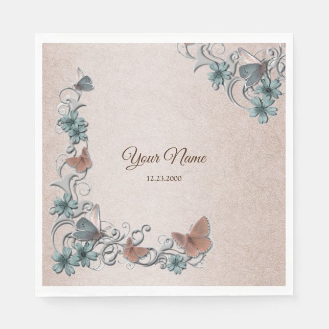 Teal Silver Floral Copper Butterfly Tan Wedding Pappersservett (Framsidan)