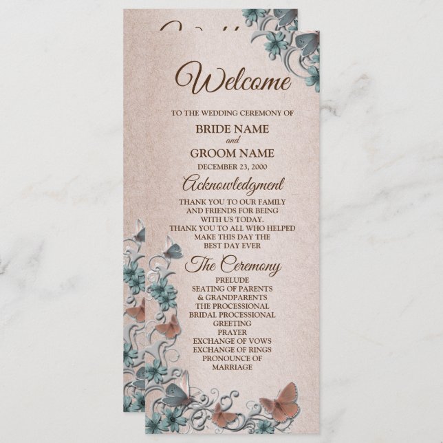 Teal Silver Floral Copper Butterfly Tan Wedding Program (Fram/baksida)