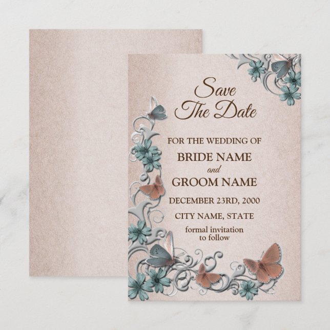 Teal Silver Floral Copper Butterfly Tan Wedding Spara Datumet (Fram/baksida)
