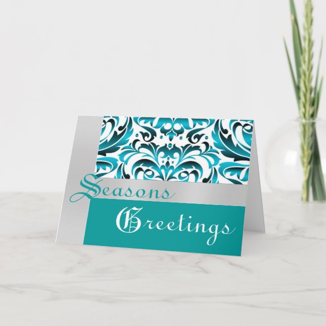 Teal & Silver Foil Damask-julkort - Helgdag Helgkort (Framsida)