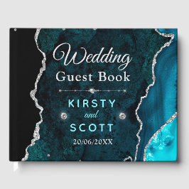 Teal & Silver Glitter Agate Bröllop Guest Bok