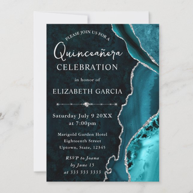 Teal & Silver Glitter Agate Quinceañera Inbjudningar (Framsida)
