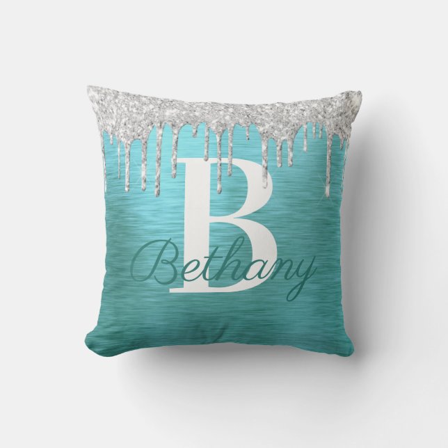 Teal Silver Glitter Brushed Metall Monogram Namn T Kudde (Framsida)