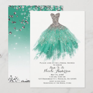 Teal & Silver Glitter Glam Klänning Bröllopsdusch Inbjudningar