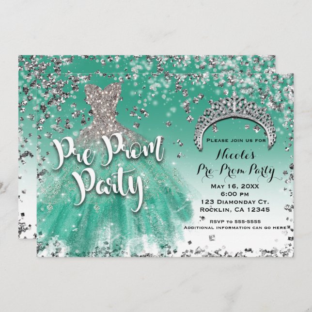 Teal & Silver Glitter Glam Klänning Pre Studentbal Inbjudningar (Fram/baksida)