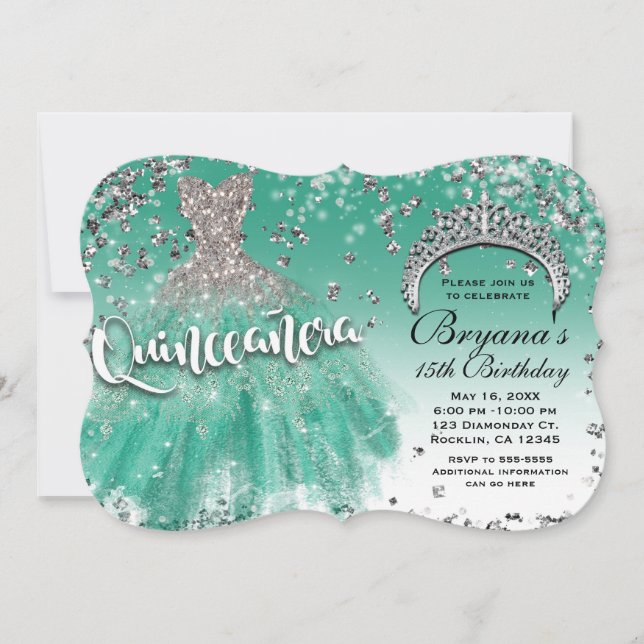 Teal Silver Glitter Glamor Dress Quinceañera 15 Inbjudningar (Framsida)
