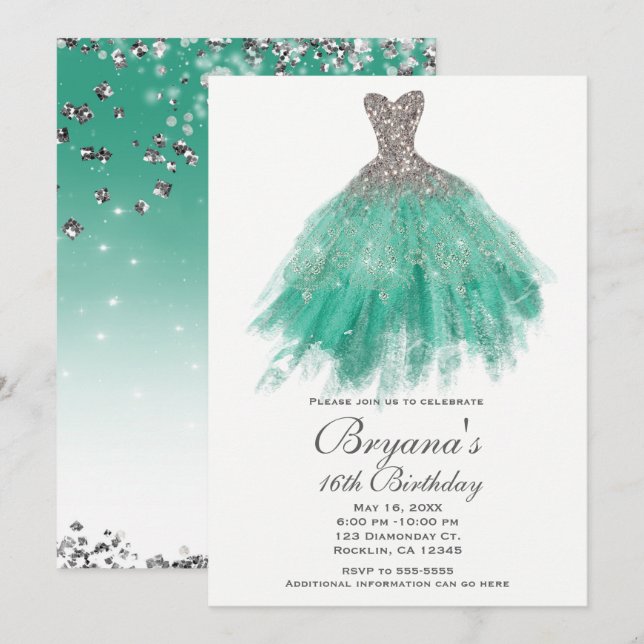 Teal & Silver Glitter Glamor Dress Sweet 16 Party Inbjudningar (Fram/baksida)