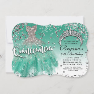 Teal Silver Glitter Glamour Klänning Quinceañera 1 Inbjudningar