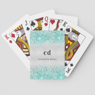 Teal silver glitter, grönt monogram namn casinokort