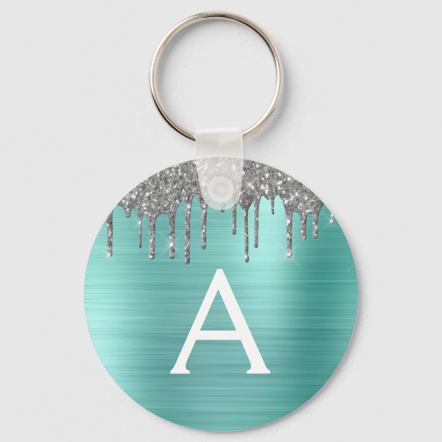 Teal Silver Glitter Stainless Steel Monogram Nyckelring (Framsida)