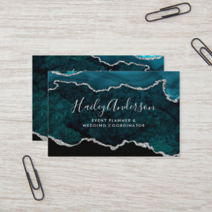 Teal & Silver Glitter Watercolor Gilded Agate Visitkort