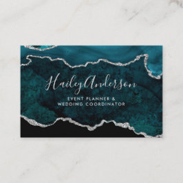 Teal & Silver Glitter Watercolor Gilded Agate Visitkort