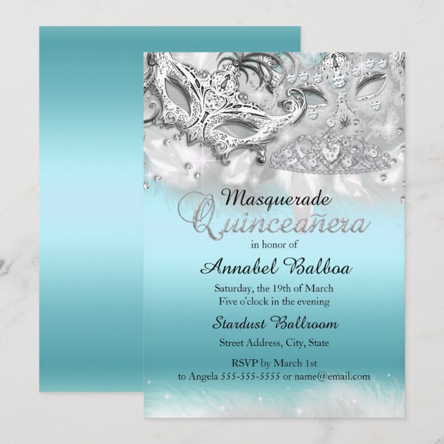Teal Silver Gnistra Masquerad Quinceanera Inbjudan (Fram/baksida)