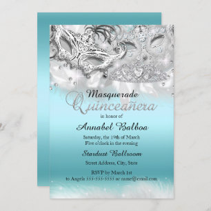 Teal Silver Gnistra Masquerad Quinceanera Inbjudan
