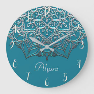 Teal & Silver Mandala Elegant Minimal Morocko Stor Klocka