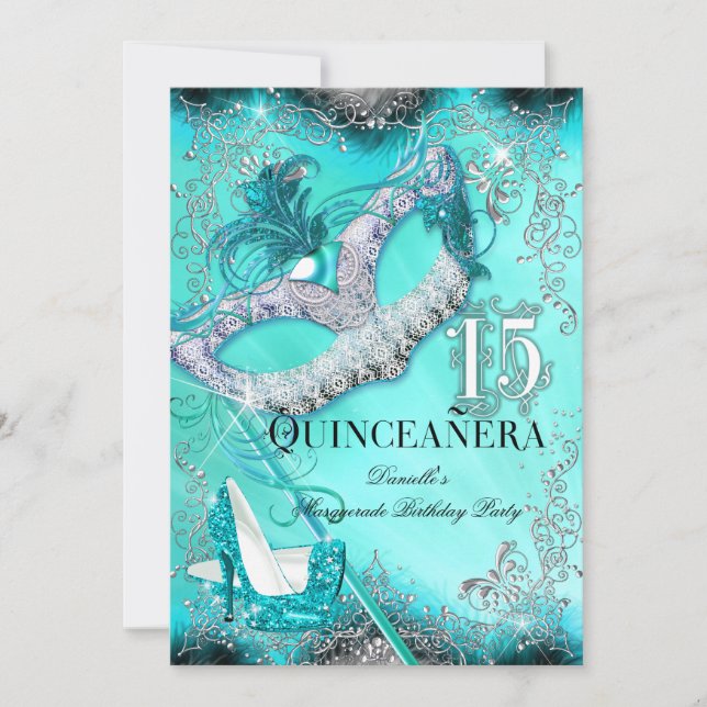 Teal Silver Maskerad Quinceanera Födelsedag Inbjudningar (Framsida)