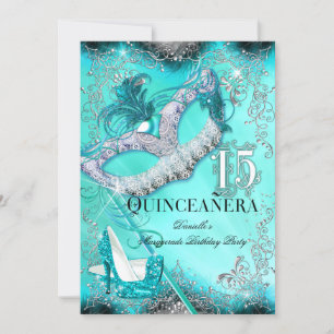 Teal Silver Maskerad Quinceanera Födelsedag Inbjudningar