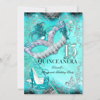 Teal Silver Maskerad Quinceanera Födelsedag Inbjudningar