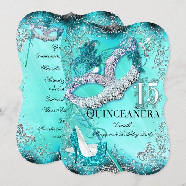 Teal Silver MasqueraQuinceanera Birthday Inbjudan (Fram/baksida)