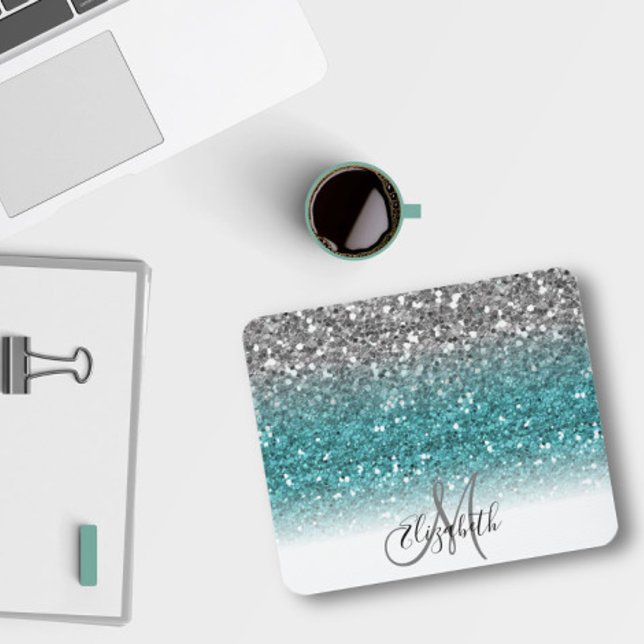 Teal Silver Ombre Glitter Bling Personlig Musmatta (Skapare uppladdad)