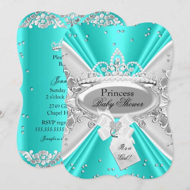Teal Silver Princess Tiara Baby Shower Inbjudan (Fram/baksida)