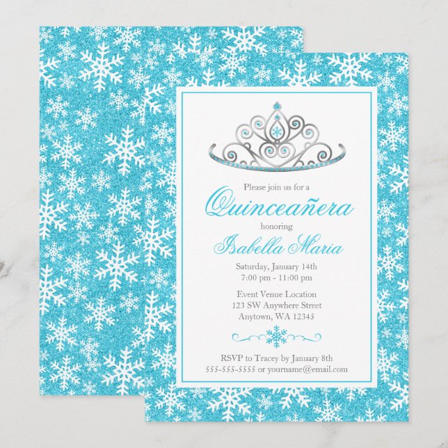 Teal Silver Princess Winter Wonderland Quinceanera Inbjudningar (Fram/baksida)