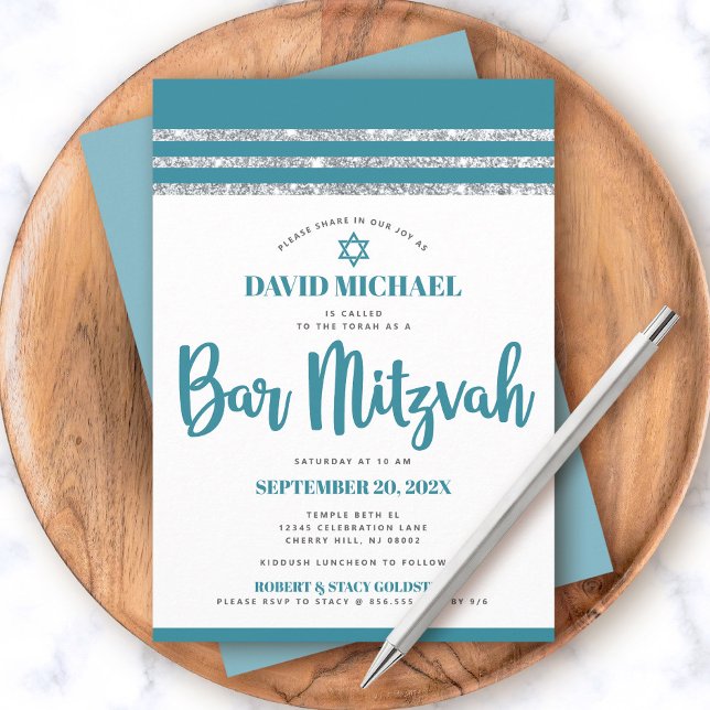 Teal Silver Pub Mitzvah Tallit Simple Modern Bold Inbjudningar (Skapare uppladdad)