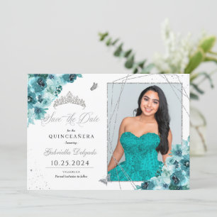 Teal & Silver Quinceañera Spara datumfoto Inbjudningar