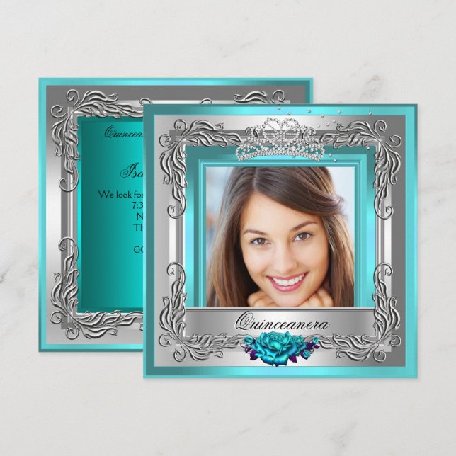 Teal Silver Ro Quinceanera 15:e foto Inbjudningar (Fram/baksida)