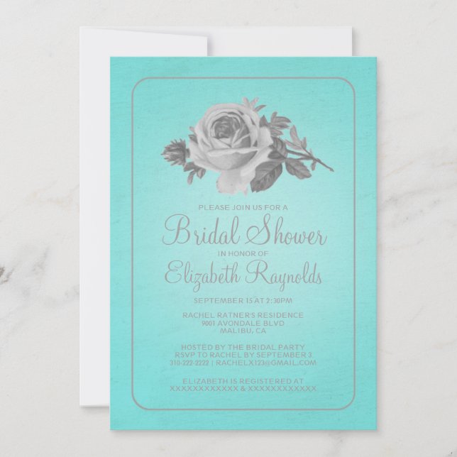 Teal Silver Rustic Blommigt Inbjudningskort för mö (Framsida)