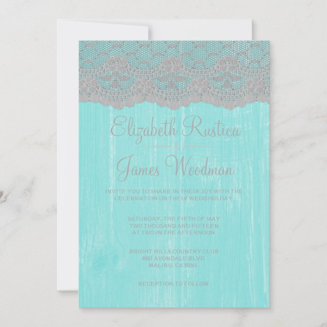 Teal & Silver Rustic Snöre Wood Wedding bjudits in Inbjudningar (Framsida)